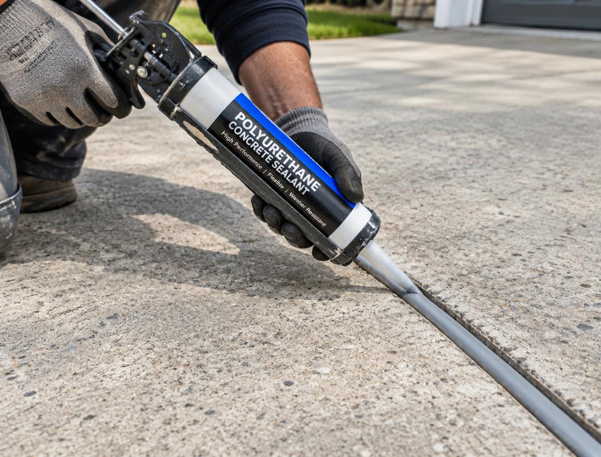 Illustrative image: caulking gun filling a concrete expansion joint