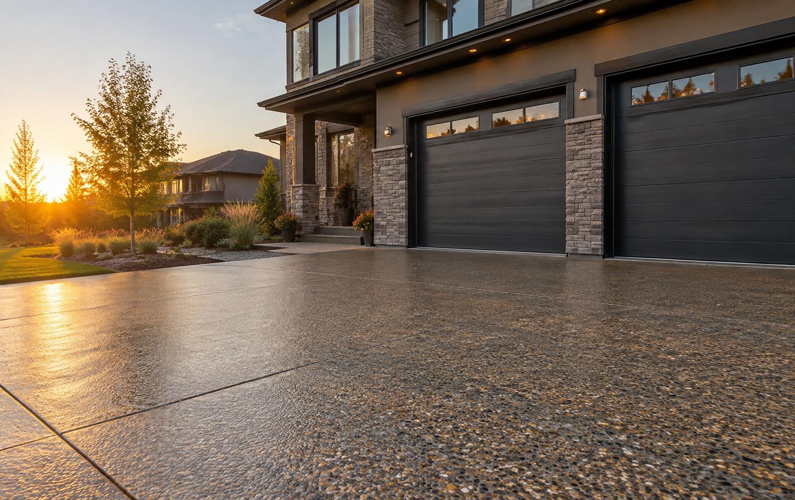 Illustrative image: sealed exposed aggregate driveway in front of a suburban home at sunset