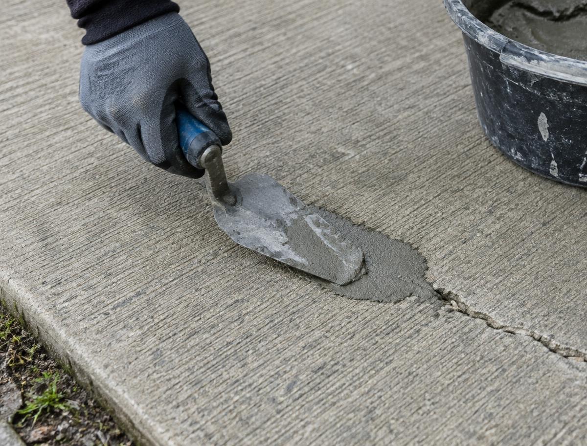 Illustrative image: trowel patching a surface crack in a broom-finish walkway