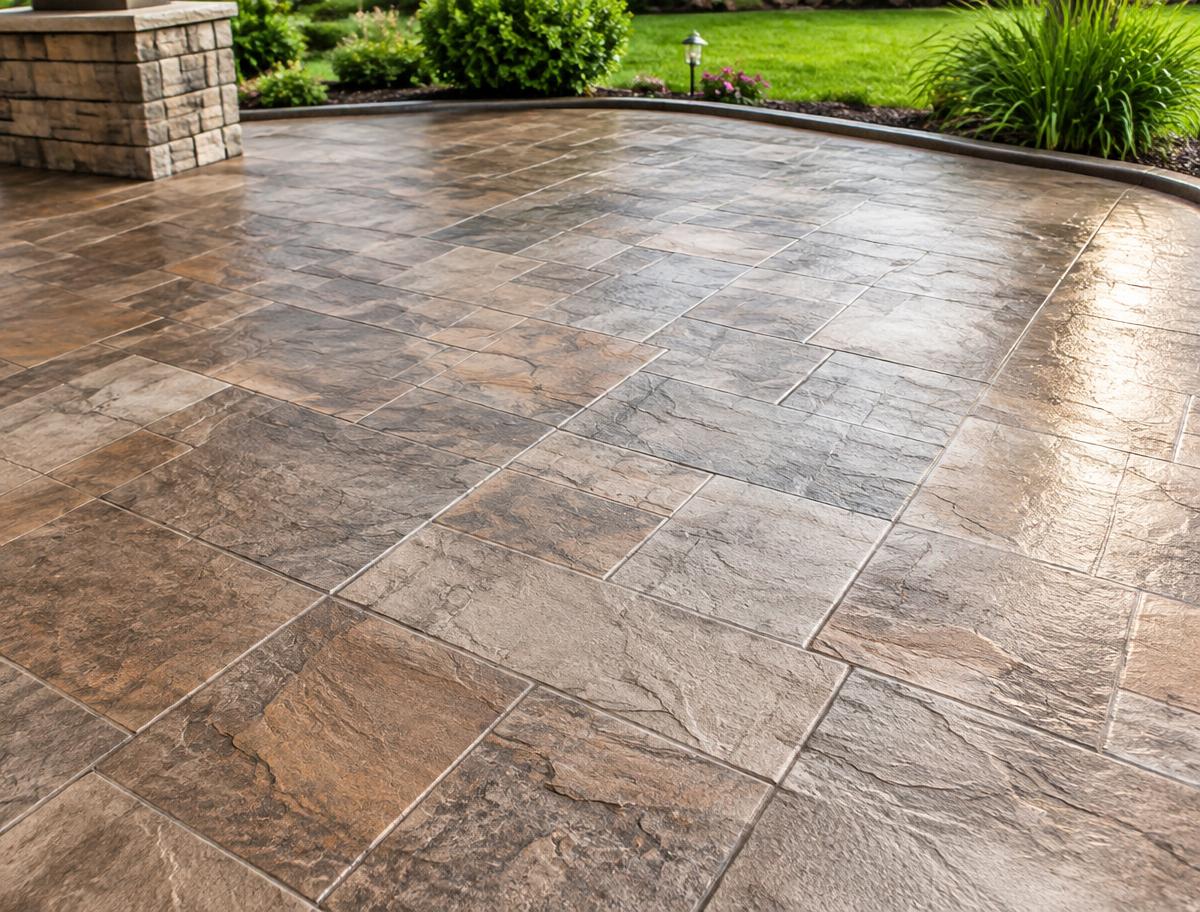 Illustrative image: sealed stamped concrete patio with a slate pattern