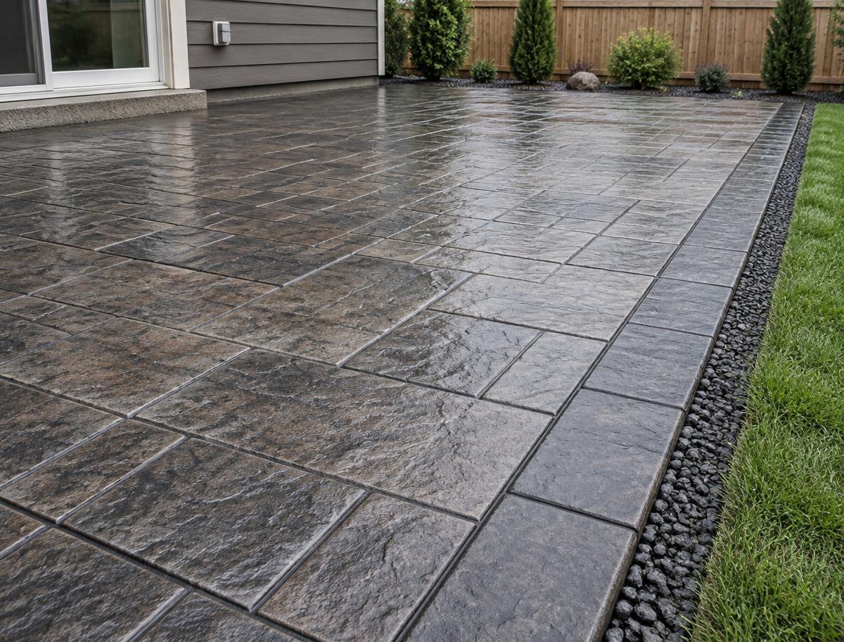Freshly sealed stamped concrete patio with a charcoal slate pattern and border banding
